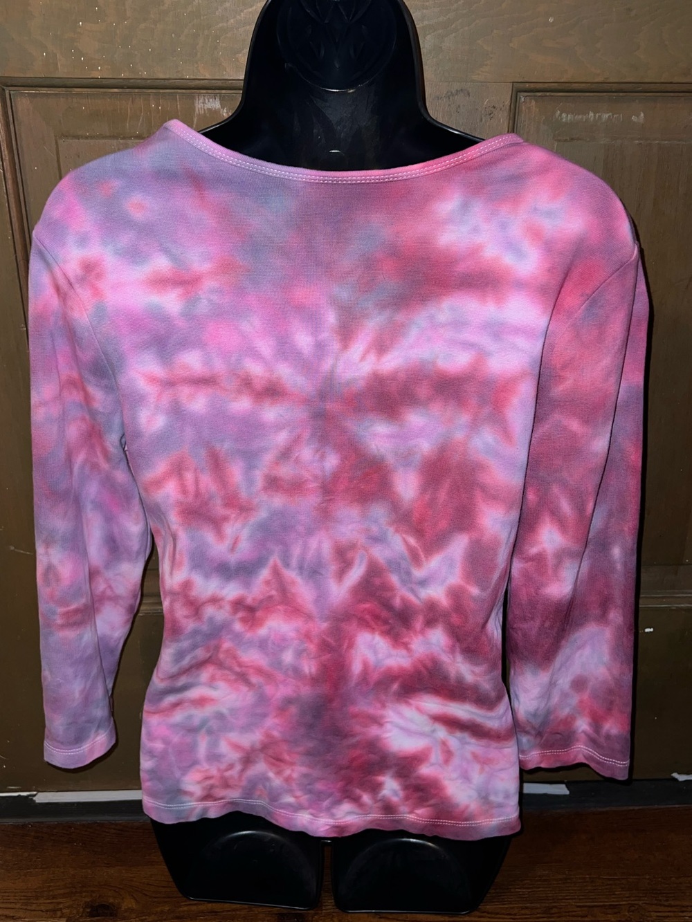 Pink Tie-Dye V-Neck Psychedelic Festival Stretch Long Sleeve Cotton Top Size M - Picture 5 of 8